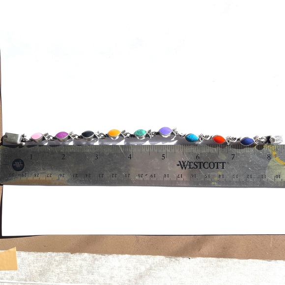 Colorful Vintage Taxco Gemstone 925 Silver Fish-shaped Bezel set Chain Bracelet - Picture 11 of 11